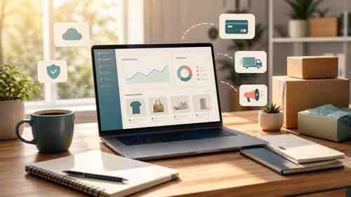 Gastos recurrentes de una tienda online: qué tendrás que pagar después del lanzamiento 2 Portátil con una tienda online y elementos que representan hosting, pagos, seguridad, envíos y marketing