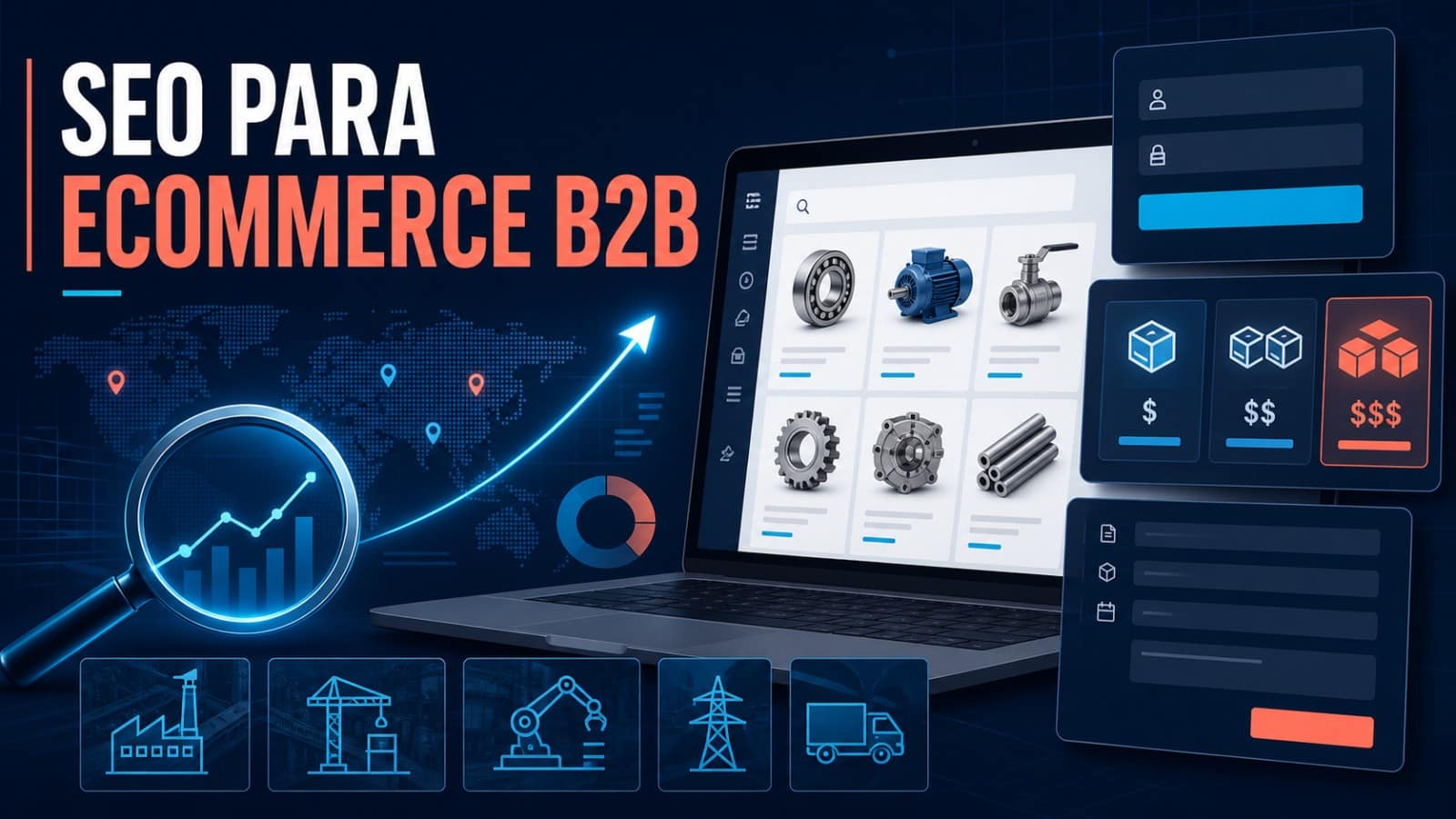 SEO para ecommerce B2B: guía para catálogos profesionales 1 Infografía sobre SEO para ecommerce B2B con catálogo técnico, precios por volumen, cuentas profesionales y solicitudes de presupuesto