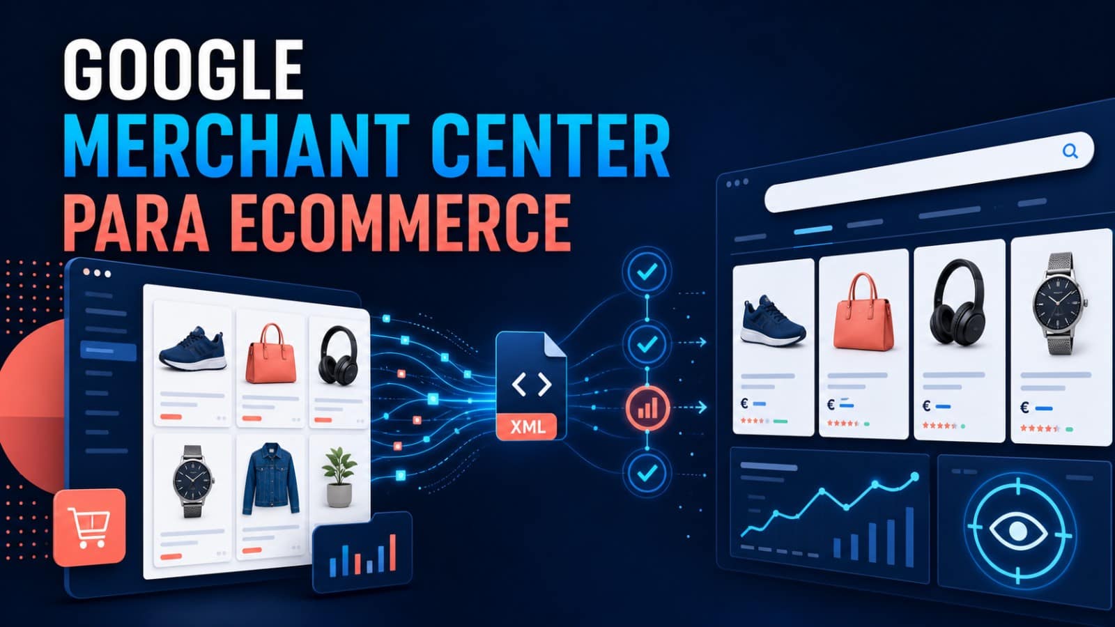 Google Merchant Center para ecommerce: guía de productos y feeds 7 Infografía sobre Google Merchant Center para ecommerce con feed XML, productos, precios, disponibilidad y visibilidad en resultados