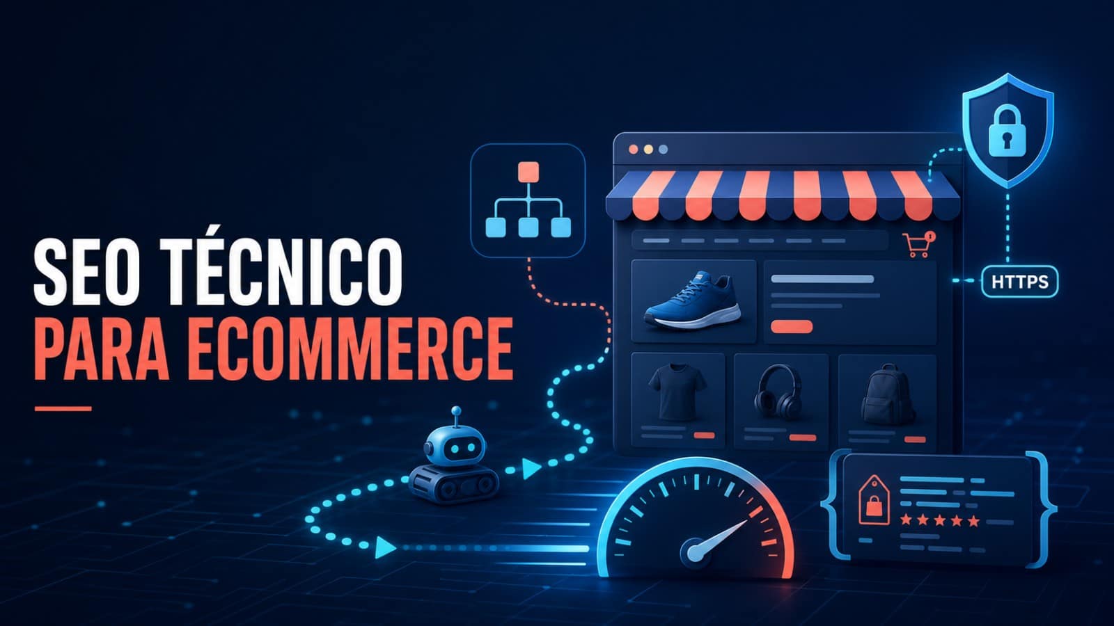 SEO técnico para ecommerce: guía de rastreo, velocidad e indexación 1 Infografía sobre SEO técnico para ecommerce con rastreo, velocidad, HTTPS, datos estructurados y tienda online