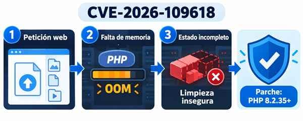 Vulnerabilidades críticas de PHP: cómo proteger tu servidor 2 Infografía de CVE-2026-109618: una petición web agota la memoria de PHP y deja un estado incompleto antes del parche