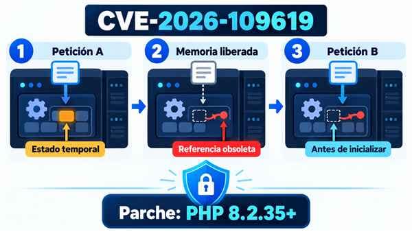 Vulnerabilidades críticas de PHP: cómo proteger tu servidor 3 Infografía de CVE-2026-109619: el estado de una petición permanece tras liberar la memoria y afecta a la siguiente