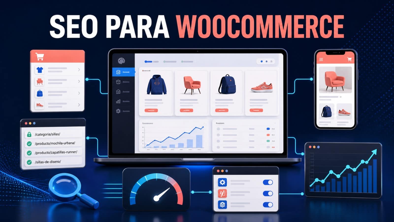 SEO para WooCommerce: guía para posicionar tu tienda 6 Infografía sobre SEO para WooCommerce con categorías, productos, URLs, velocidad, móvil y visibilidad orgánica