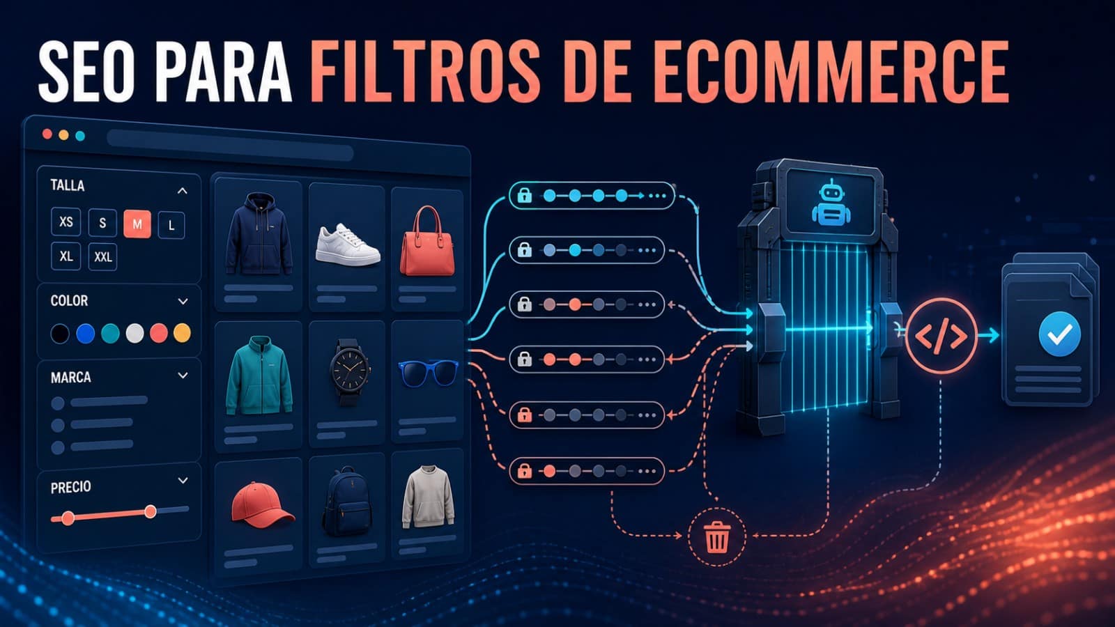 SEO para filtros de ecommerce: navegación facetada e indexación 8 Infografía sobre SEO para filtros de ecommerce con talla, color, marca, precio, URL y control de indexación