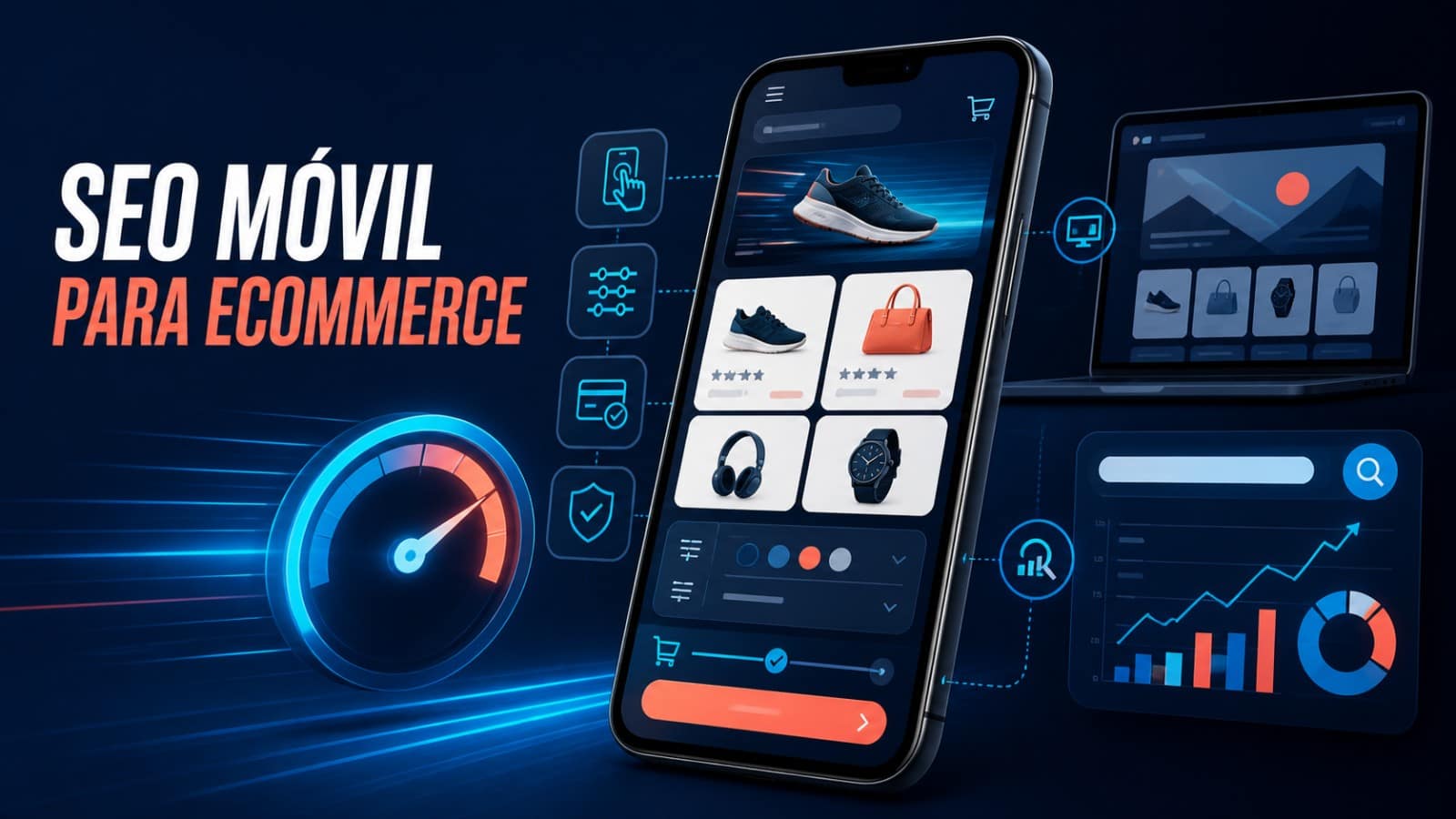 SEO móvil para ecommerce: guía de experiencia y conversión 3 Infografía sobre SEO móvil para ecommerce con smartphone, filtros táctiles, checkout, velocidad y búsqueda orgánica