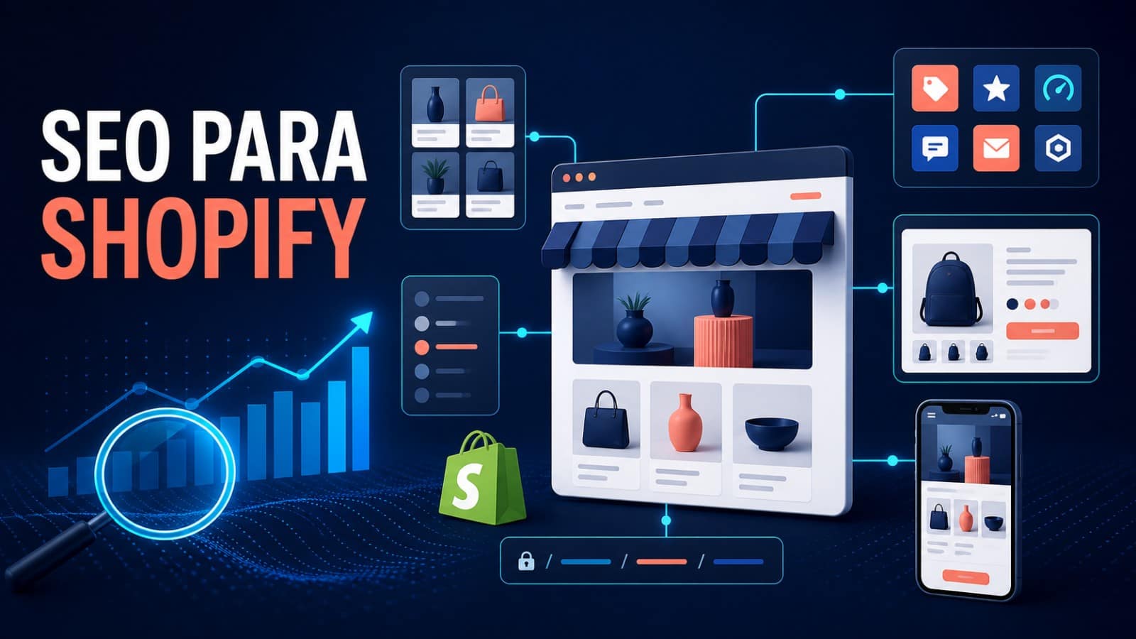 SEO para Shopify: guía para posicionar tu tienda 5 Infografía sobre SEO para Shopify con colecciones, productos, URLs, aplicaciones, móvil y tráfico orgánico