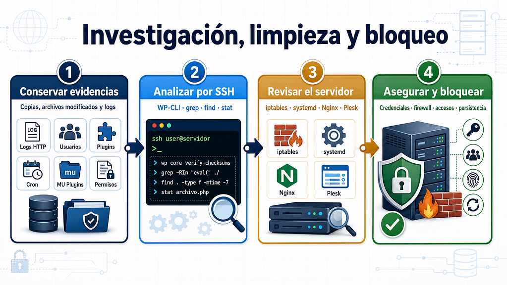 Nos hackearon: por qué no bastaba con limpiar el malware 3 Infografía sobre la investigación y recuperación de una web WordPress hackeada mediante SSH, WP-CLI, análisis de logs, revisión del servidor, limpieza del malware y bloqueo de nuevos accesos.