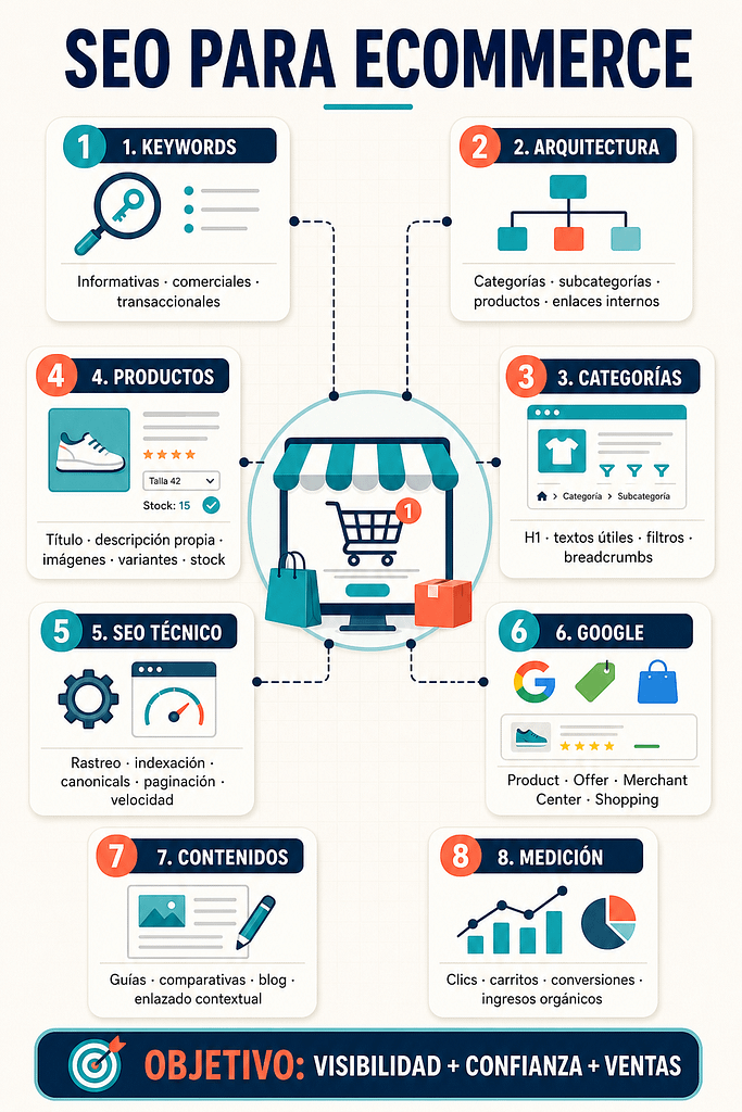 SEO para ecommerce: guía para posicionar una tienda online 2 Infografía sobre SEO para ecommerce con keywords, arquitectura web, categorías, productos, SEO técnico, Google Merchant Center, contenidos y medición de conversiones.