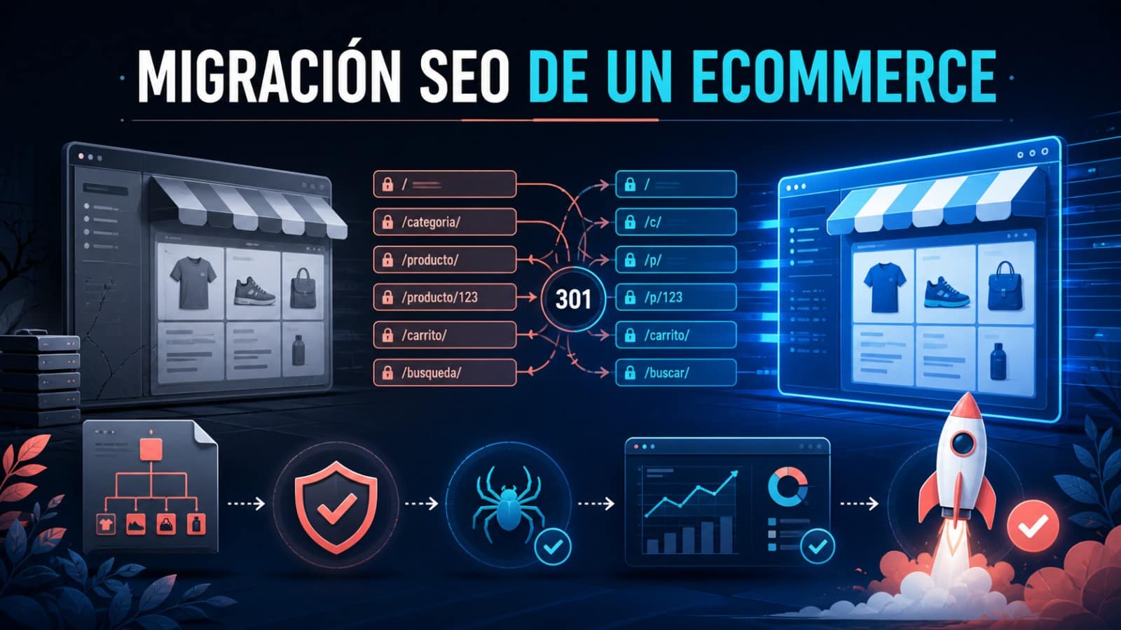 Migración SEO de un ecommerce: guía para no perder tráfico 4 Infografía sobre migración SEO de un ecommerce con mapa de redirecciones 301, productos, categorías, rastreo y analítica