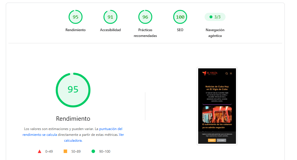 Caso real de optimización WordPress: El Vigía de Cuba pasa de 7,5 a 2,4 segundos de LCP 3 optimización WordPress y velocidad web del Vigía de Cuba: captura de pantalla del pagespeed dia 8 de agosto del 2026