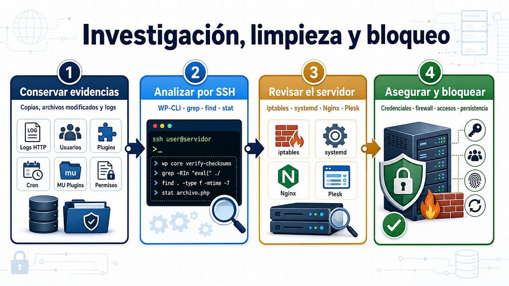 Nos hackearon: por qué no bastaba con limpiar el malware 3 Infografía sobre la investigación y recuperación de una web WordPress hackeada mediante SSH, WP-CLI, análisis de logs, revisión del servidor, limpieza del malware y bloqueo de nuevos accesos.