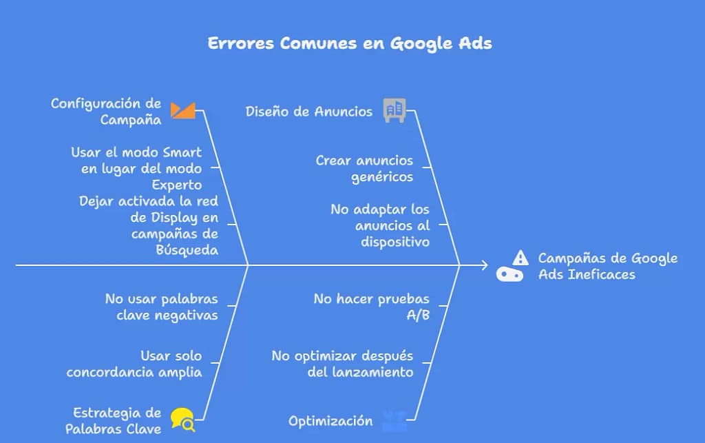 15 errores comunes en Google Ads que te están haciendo perder dinero (y cómo evitarlos) 2 Diagrama de espina de pescado que muestra errores comunes en Google Ads agrupados por categoría: configuración de campaña, diseño de anuncios, estrategia de palabras clave y optimización. Ilustración de Iberostudio sobre campañas ineficaces.