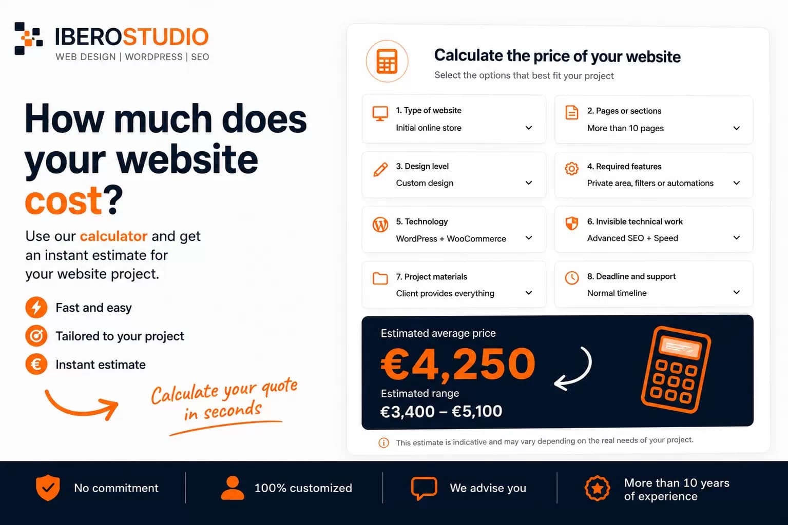 How Much Does a Website Cost in Murcia in 2026? 1 Website price calculator banner for Ibero Studio showing an instant estimate tool to calculate the cost of a website project, with options for website type, pages, design, features, technology, materials and support.