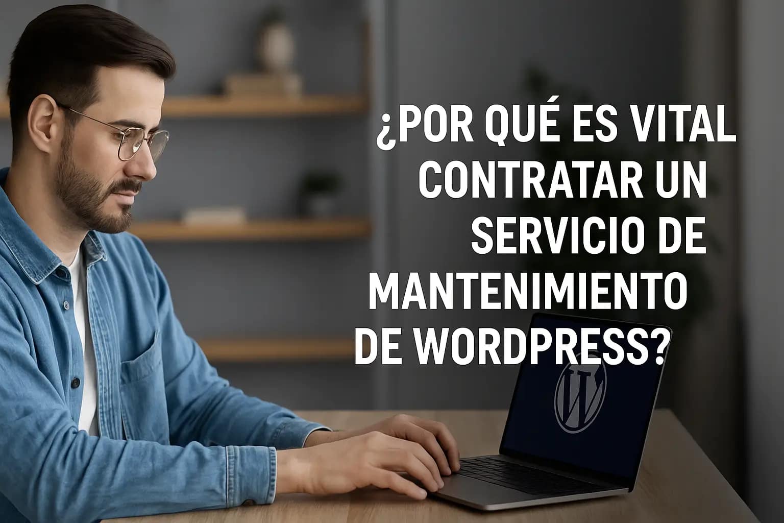 Servicio de Mantenimiento de WordPress: Tranquilidad Total para tu Web 1 Hombre trabajando en el mantenimiento de un sitio WordPress en su portátil, con el texto '¿Por qué es vital contratar un servicio de mantenimiento de WordPress?' destacado al lado. Imagen profesional que representa soporte técnico web.