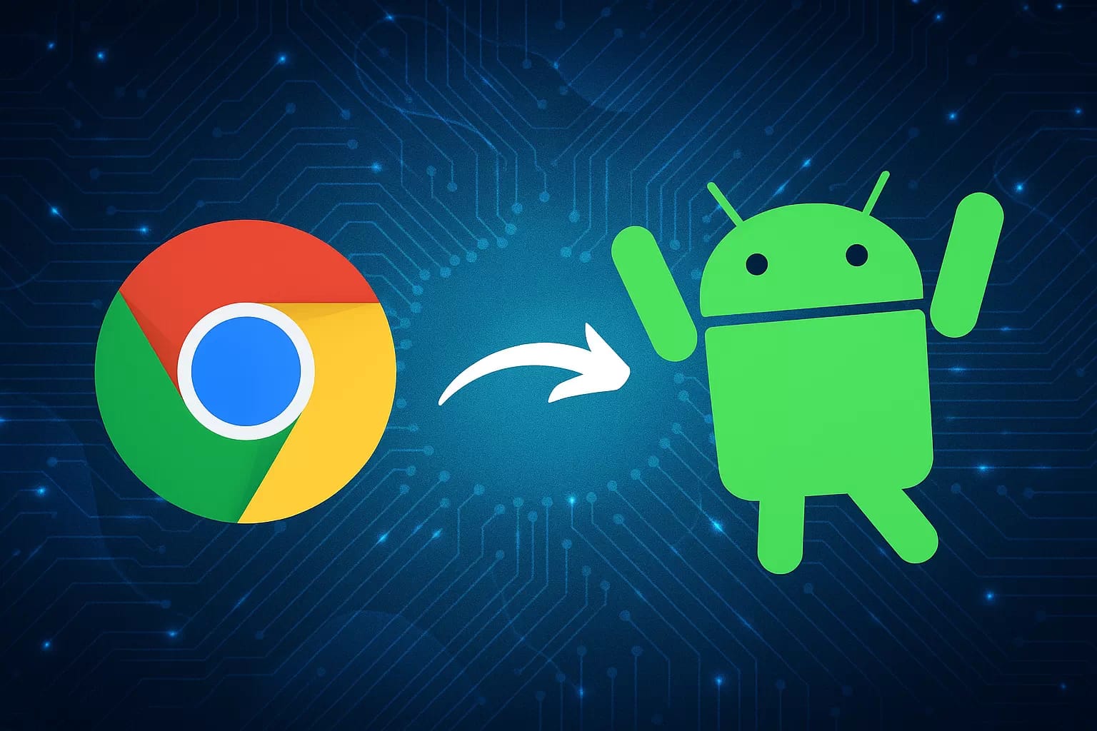 Chrome OS y Android se abrazan: la era de la integración ha llegado 1 Ilustración digital con el logotipo de Chrome OS a la izquierda y la mascota de Android (Bugdroid) a la derecha, levantando los brazos con expresión alegre, conectados por una flecha blanca sobre un fondo azul con circuitos tecnológicos brillantes. Representa la fusión entre Chrome OS y Android anunciada por Google.