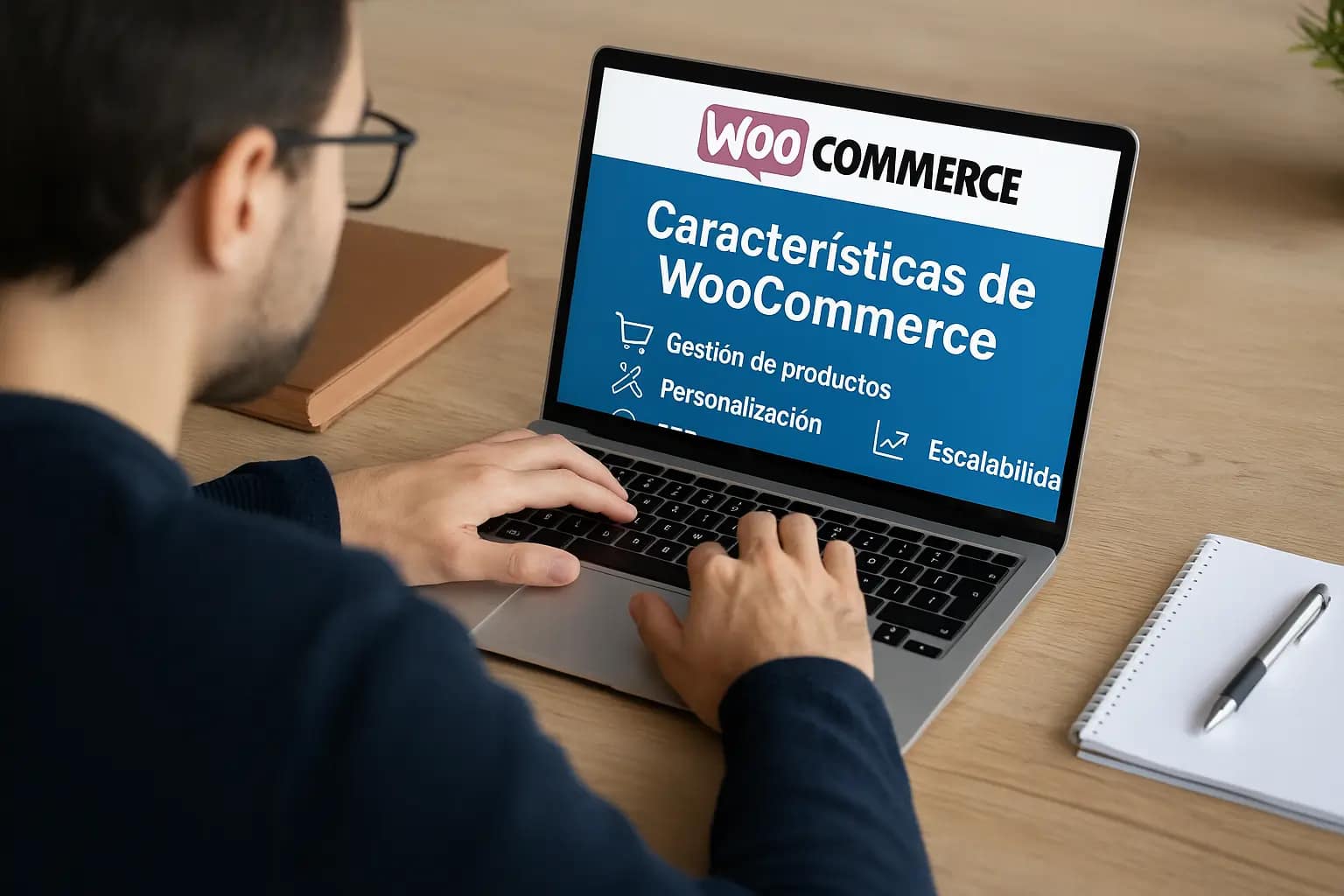 Características de WooCommerce: lo que hace única a esta plataforma para tiendas online 1 Hombre usando un portátil con WooCommerce mostrando en pantalla las características principales como gestión de productos, personalización y escalabilidad
