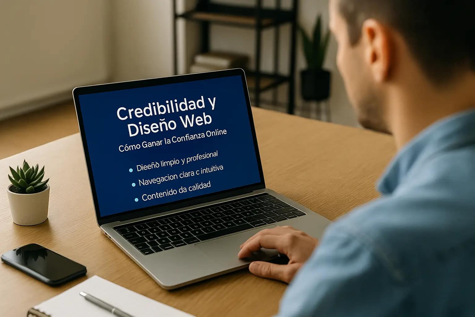 Credibilidad y diseño web: cómo ganarte la confianza del visitante desde el primer clic 1 Hombre trabajando en una presentación titulada “Credibilidad y Diseño Web” en un portátil, en una oficina moderna, destacando claves para generar confianza online.