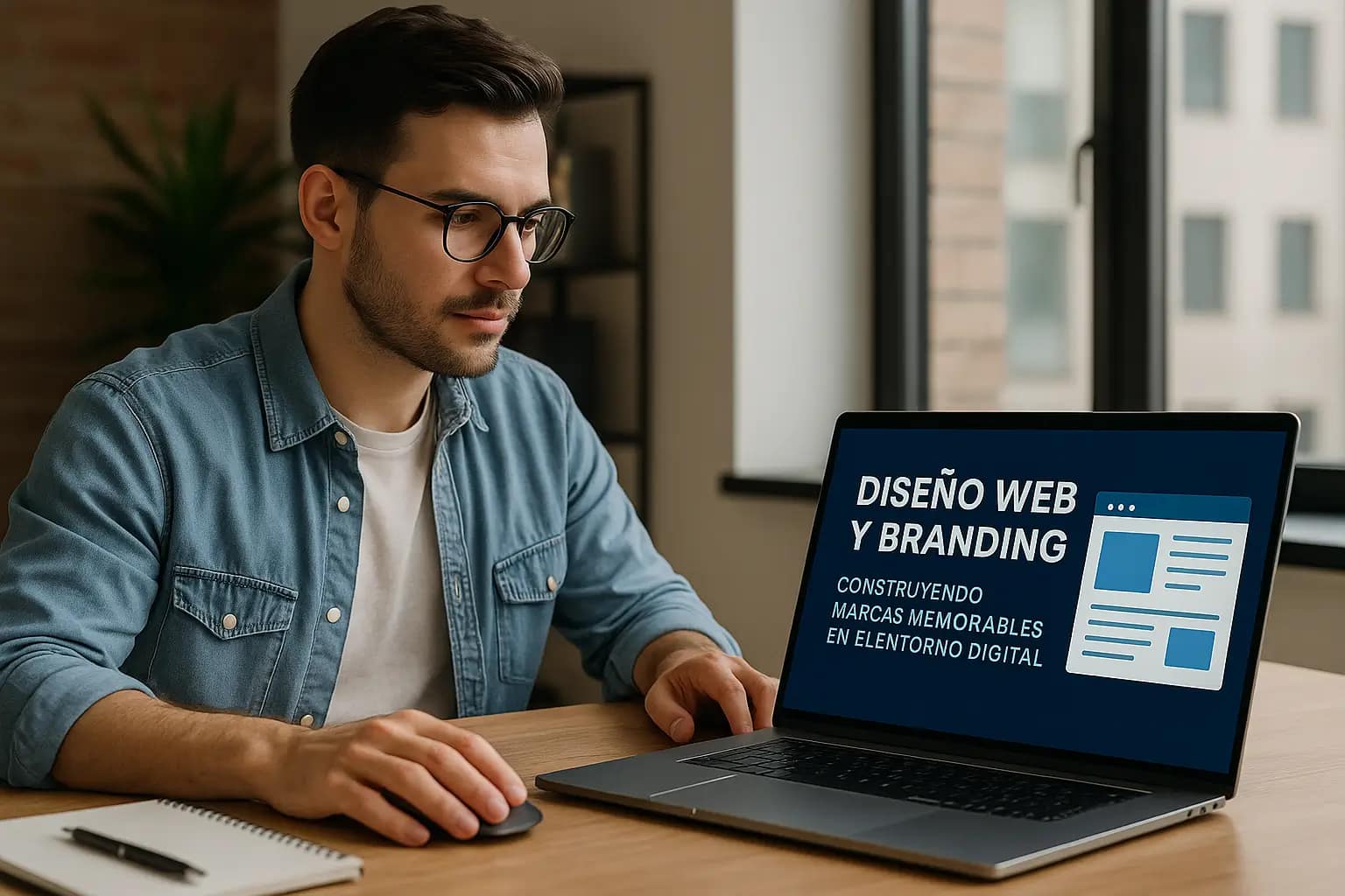 Diseño web y branding: construyendo marcas memorables en el entorno digital 1 Diseñador web trabajando en una presentación titulada “Diseño Web y Branding” en su portátil, en una oficina moderna con luz natural, representando la integración de identidad visual y desarrollo digital.