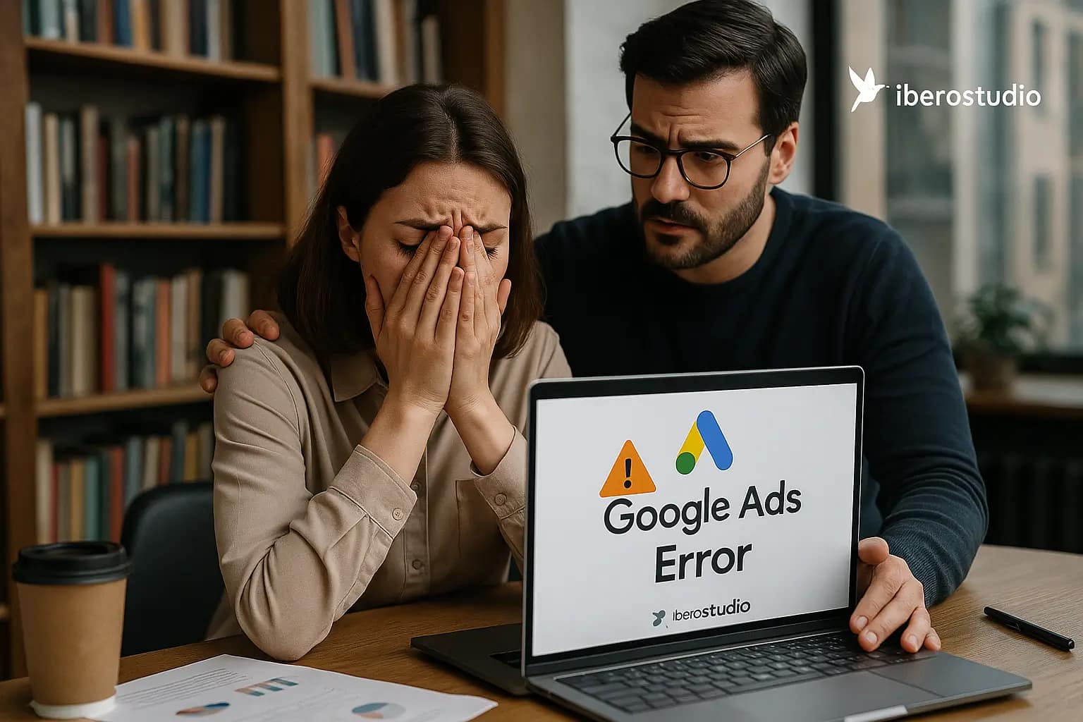 15 errores comunes en Google Ads que te están haciendo perder dinero (y cómo evitarlos) 1 Mujer frustrada frente a un portátil con errores en campañas de Google Ads, mientras un asesor de Iberostudio la apoya en una oficina luminosa, representando ayuda profesional en marketing digital.