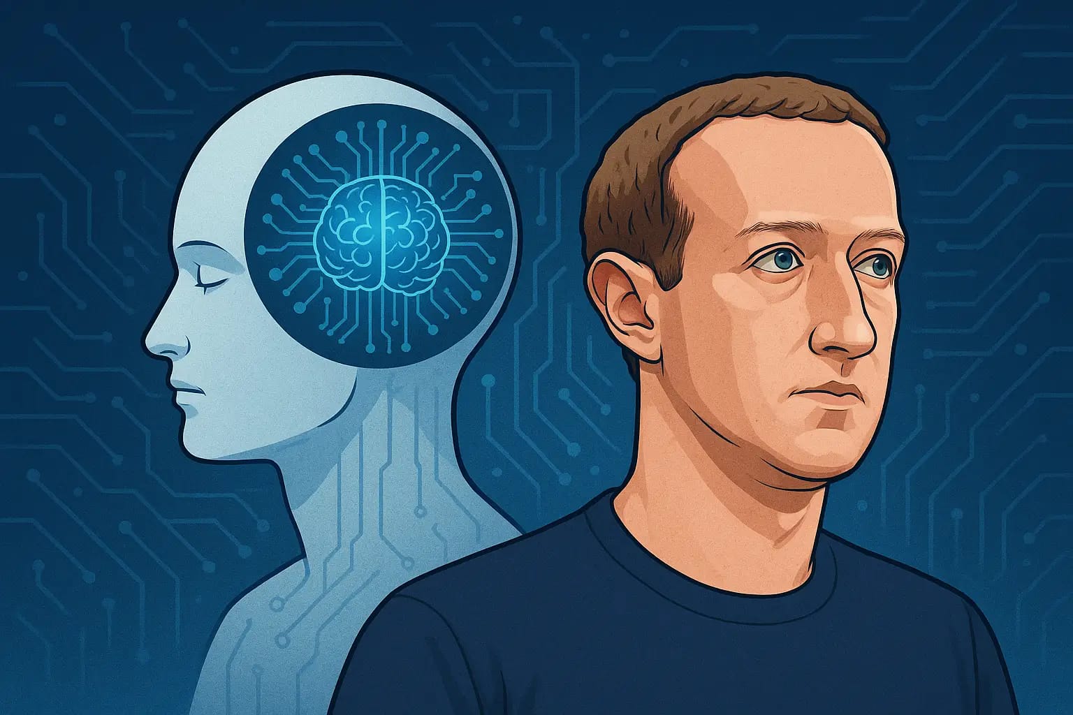 Cuando el poder quiere pensar por ti: la cruzada de Meta por la superinteligencia 1 Ilustración digital de Mark Zuckerberg mirando al frente, acompañado de una figura humana con cerebro iluminado, representando la superinteligencia y el avance tecnológico de Meta