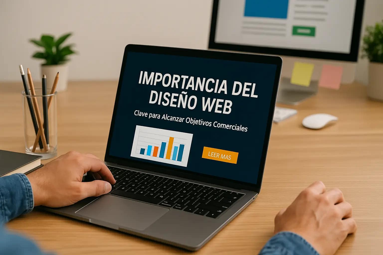La importancia del diseño web: por qué tu sitio puede ser tu mejor vendedor 12 Persona trabajando en laptop con pantalla que muestra “Importancia del diseño web: clave para alcanzar objetivos comerciales”, en un entorno de oficina moderna con elementos de diseño.