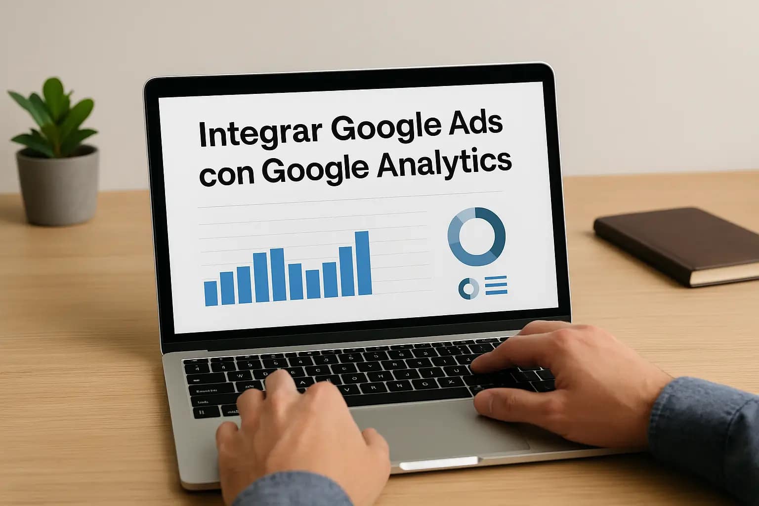 Cómo integrar Google Ads con Google Analytics 4: guía práctica para pymes y tiendas online 1 Persona usando un portátil para integrar Google Ads con Google Analytics 4, con gráficos en pantalla sobre rendimiento de campañas