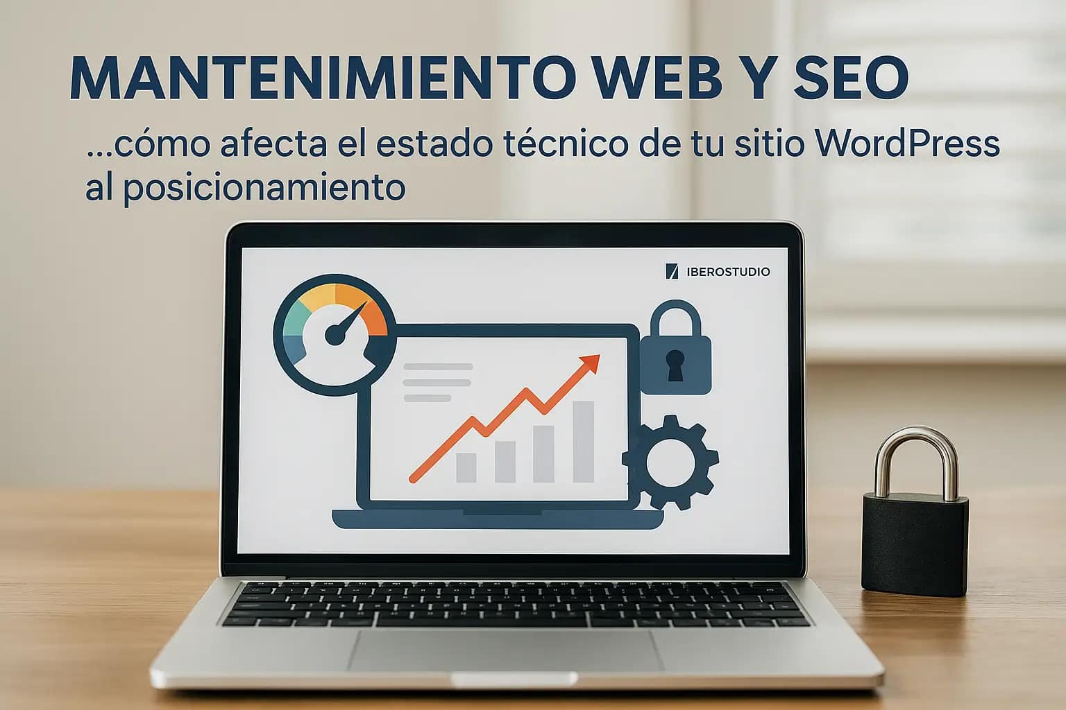 Cómo afecta el mantenimiento web al posicionamiento SEO de tu sitio WordPress 1 Laptop con panel de análisis SEO mostrando gráficos de rendimiento y seguridad, representando el mantenimiento web en WordPress para mejorar el posicionamiento