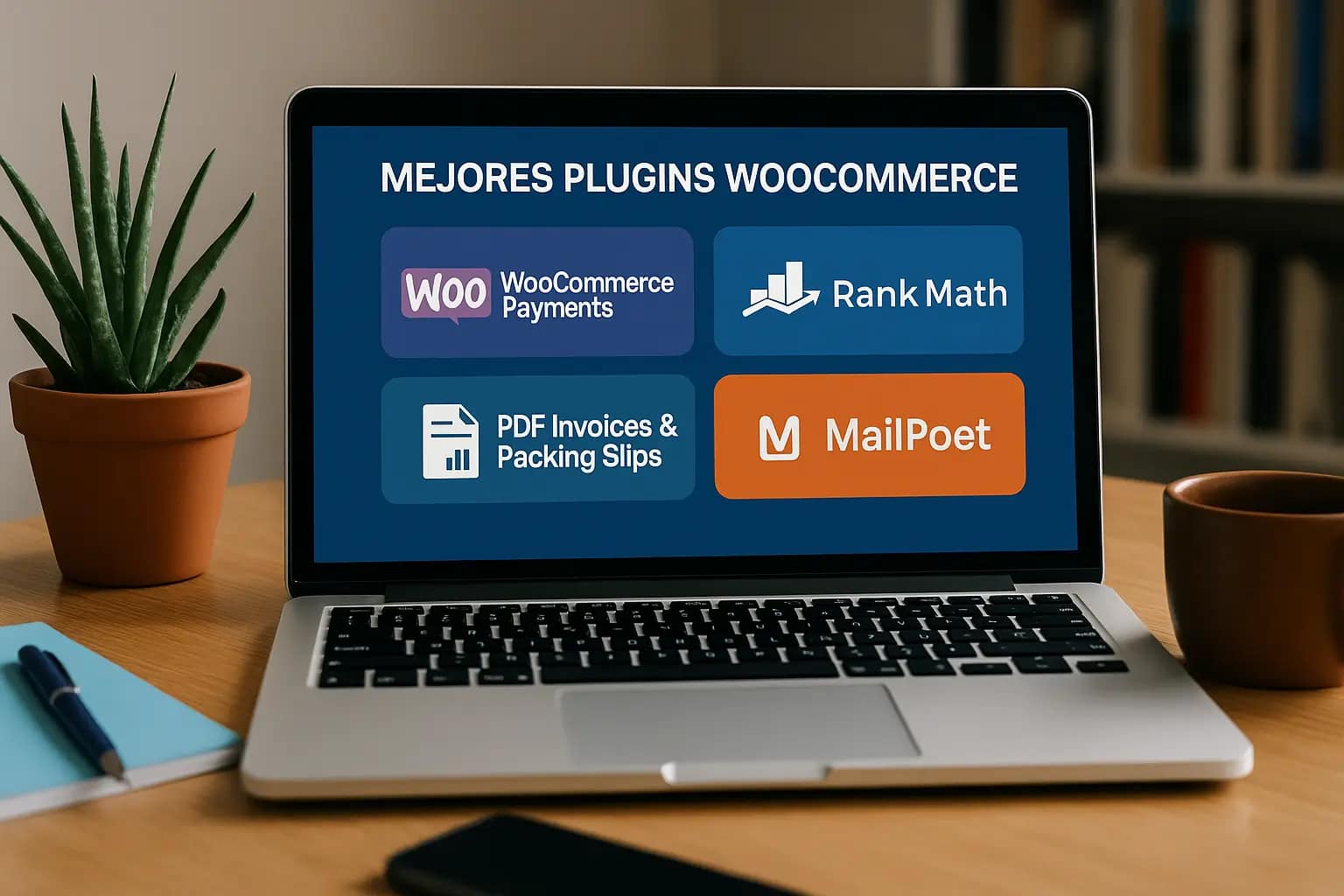 Los 10 mejores plugins para WooCommerce 3 Vista realista de una tienda online WordPress optimizada con los mejores plugins WooCommerce, mostrando un panel de gestión y productos destacados.