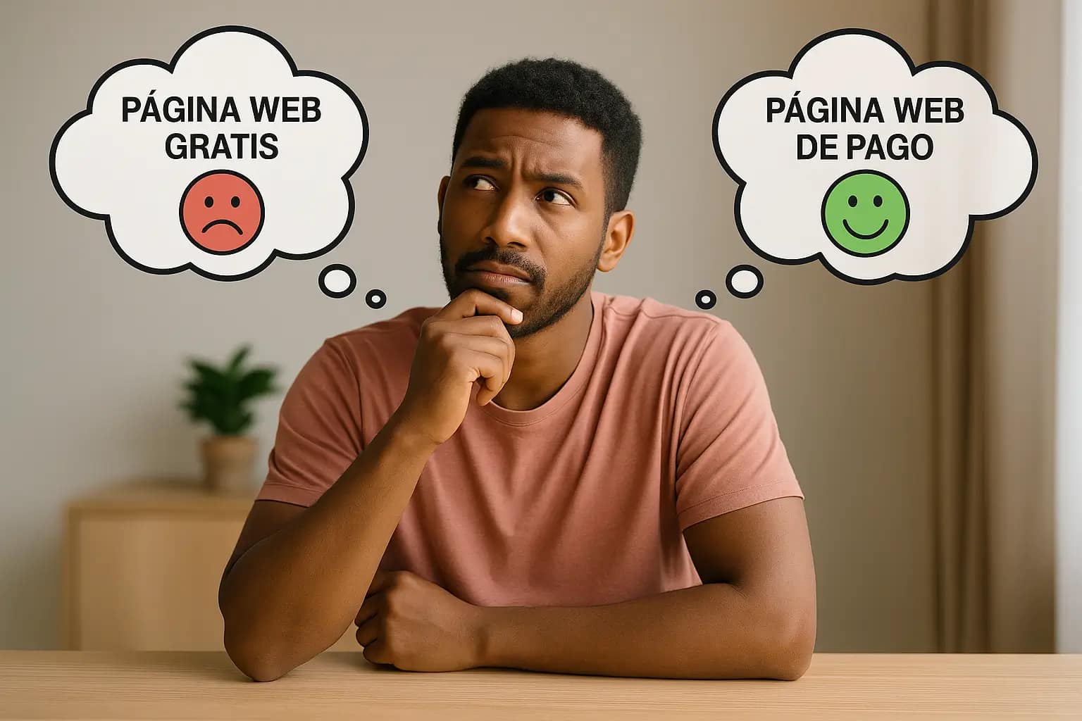 Crear página web gratis: el engaño moderno que te sale caro (y cómo evitarlo con Iberostudio) 1 Hombre joven pensativo comparando las ventajas y desventajas de una página web gratis versus una de pago. En su mente aparecen dos burbujas: una con cara triste que dice "Página web gratis", y otra con cara feliz que dice "Página web de pago". Imagen ilustrativa del artículo de Iberostudio sobre crear página web gratis con conciencia.