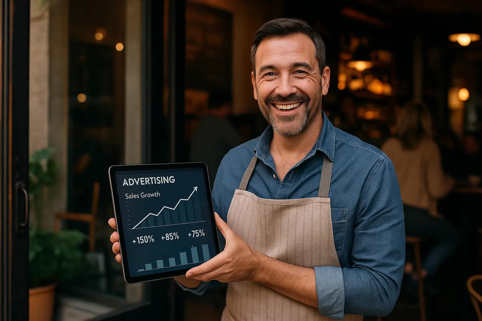 Google Ads para PYMEs: Cómo impulsar tu negocio con publicidad efectiva 1 Empresario de una PYME sonriente frente a su negocio, mostrando en una tablet el éxito de sus campañas de Google Ads para PYMEs, gestionadas por Iberostudio, expertos en publicidad digital para pequeñas empresas.