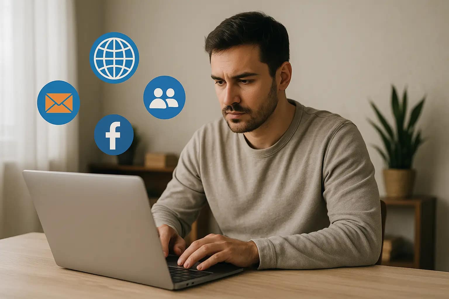 Sitio Web y Presencia en Internet: No esperes por una subvención pa' que te vean 1 Joven trabajando en su laptop desde casa, rodeado de iconos digitales, representando la importancia de tener un sitio web y presencia en Internet.