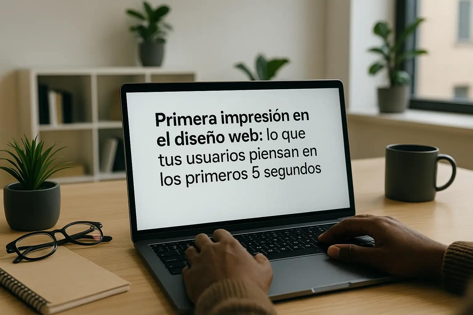 Primera impresión en el diseño web: lo que tus usuarios piensan en los primeros 5 segundos 1 Primera impresión diseño web: Persona trabajando en portátil con una presentación en pantalla, en una oficina moderna y bien iluminada.