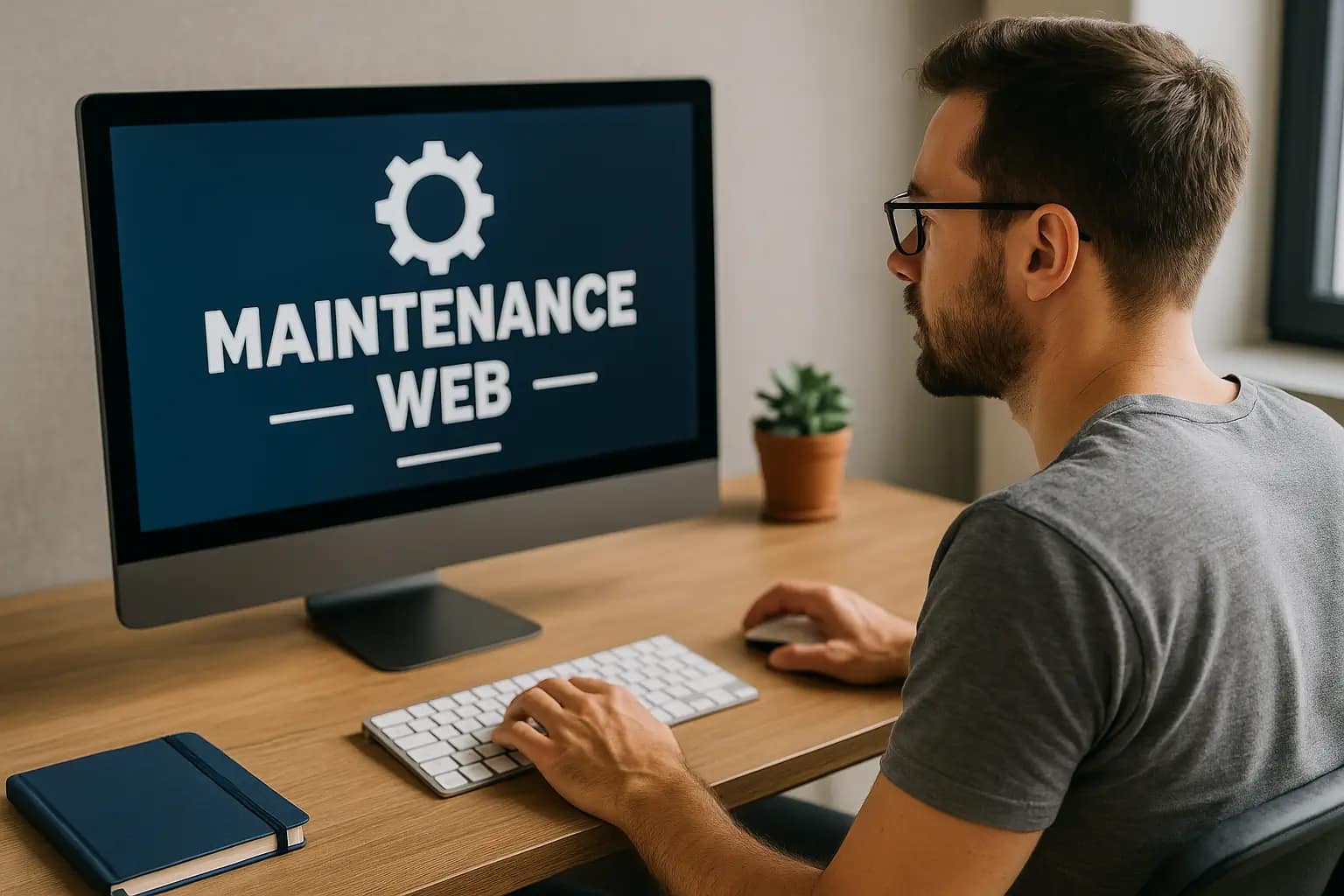 ¿Qué es mantenimiento web y por qué es esencial para tu sitio? 1 Especialista realizando tareas de mantenimiento web en un entorno de oficina moderno, representando la importancia de mantener un sitio seguro, rápido y actualizado.