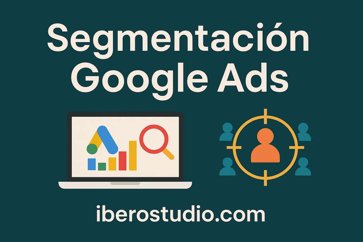 Segmentación en Google Ads: La Clave Para Venderle a Quien de Verdad Quiere Comprarte 4 Gráfico horizontal sobre segmentación en Google Ads con iconos visuales de audiencia y analítica, creado para el blog de iberostudio.com.