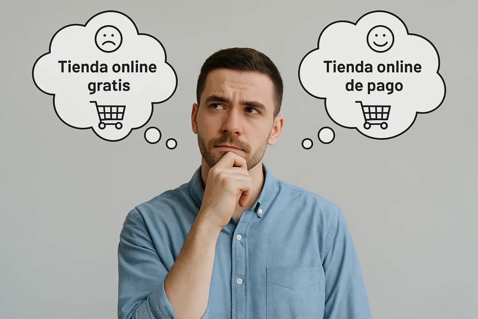 Hacer una tienda online gratis: el sueño bonito que puede terminar en pesadilla (y cómo evitarlo) 1 Hombre pensativo comparando la decisión entre hacer una tienda online gratis o pagar por una tienda profesional. Imagen ilustrativa del artículo de Iberostudio sobre los riesgos y ventajas de hacer una tienda online gratis.