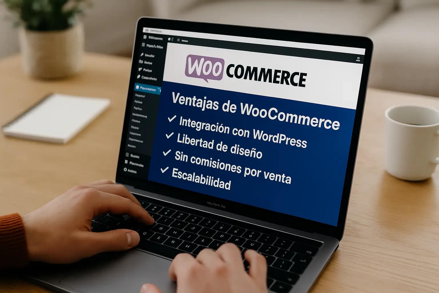 Ventajas de WooCommerce: por qué es la mejor opción para tu tienda online en WordPress 1 Persona usando WordPress con WooCommerce en un portátil, mostrando en pantalla las ventajas de WooCommerce como integración, diseño libre y escalabilidad