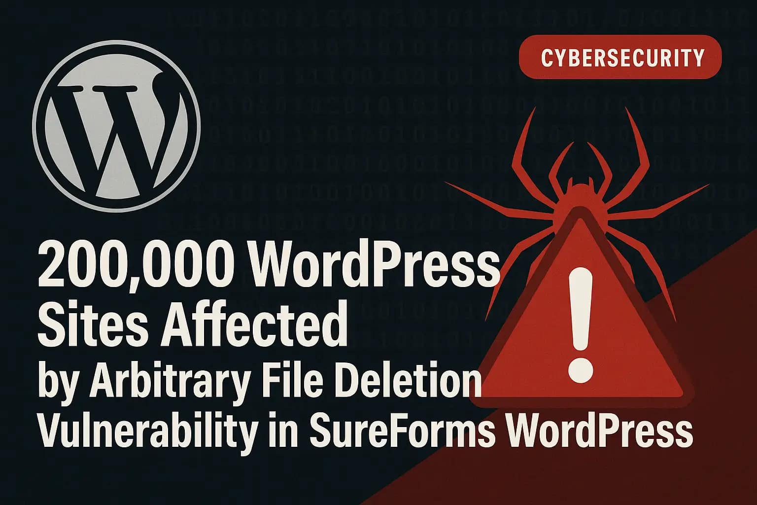 SureForms y el agujero negro de la seguridad: 200,000 sitios WordPress en riesgo 1 Gráfico digital en formato horizontal que alerta sobre una vulnerabilidad crítica en el plugin SureForms de WordPress. La imagen incluye el logo de WordPress, un triángulo rojo de advertencia con un símbolo de exclamación y una araña, junto al texto: '200,000 WordPress Sites Affected by Arbitrary File Deletion Vulnerability in SureForms WordPress Plugin'. Fondo oscuro con código binario y etiqueta roja que dice 'Cybersecurity'.