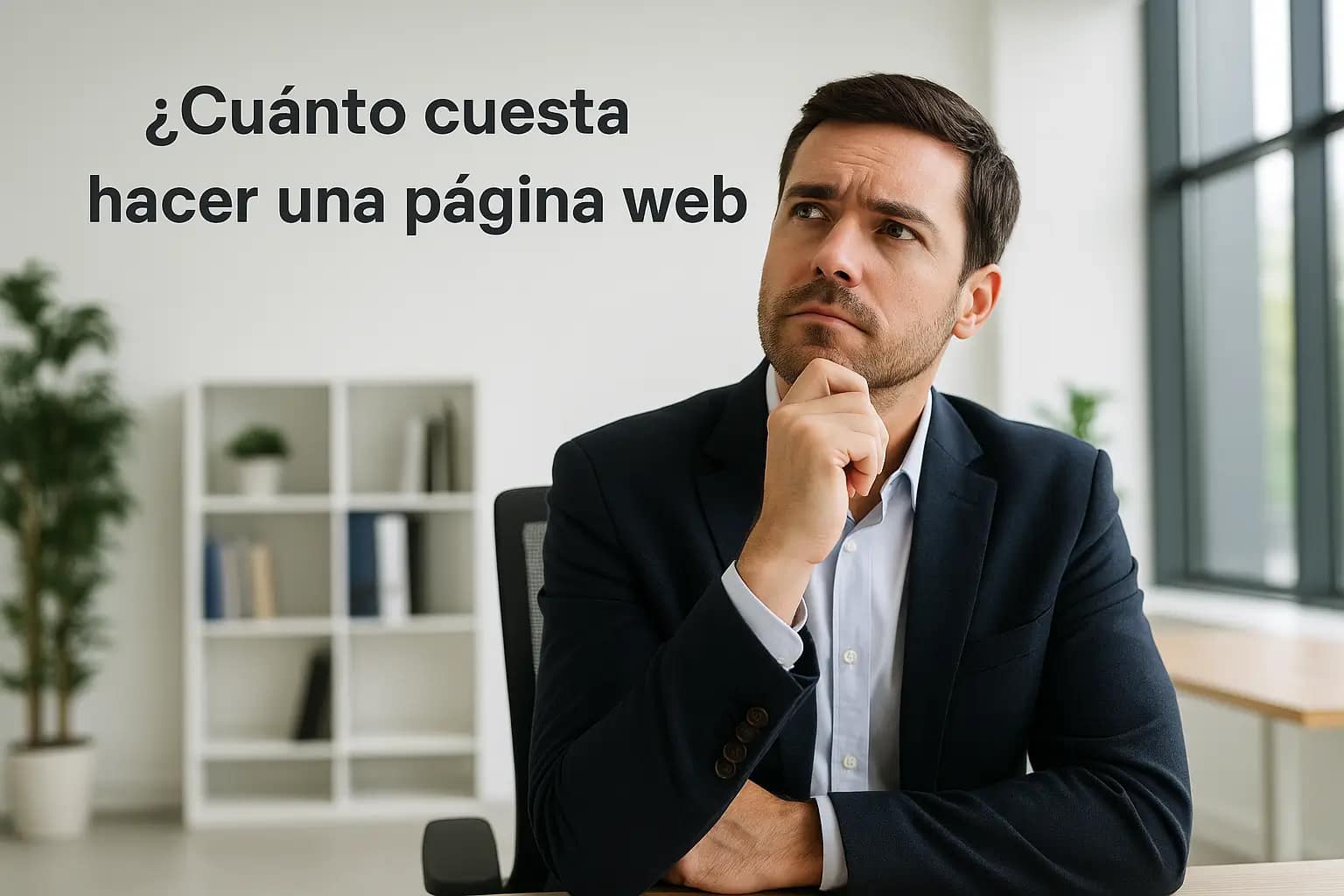 Cuánto cuesta hacer una página web en 2025: Precios, factores y cómo ahorrar 1 Empresario en oficina moderna pensando en cuánto cuesta hacer una página web, con luz natural y ambiente limpio y profesional.