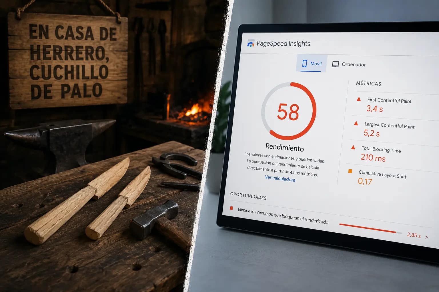 En casa de herrero, cuchillo de palo: cuando las agencias de diseño web tienen páginas lentas 1 Cuchillos de palo en una herrería junto a una web lenta analizada en Google PageSpeed