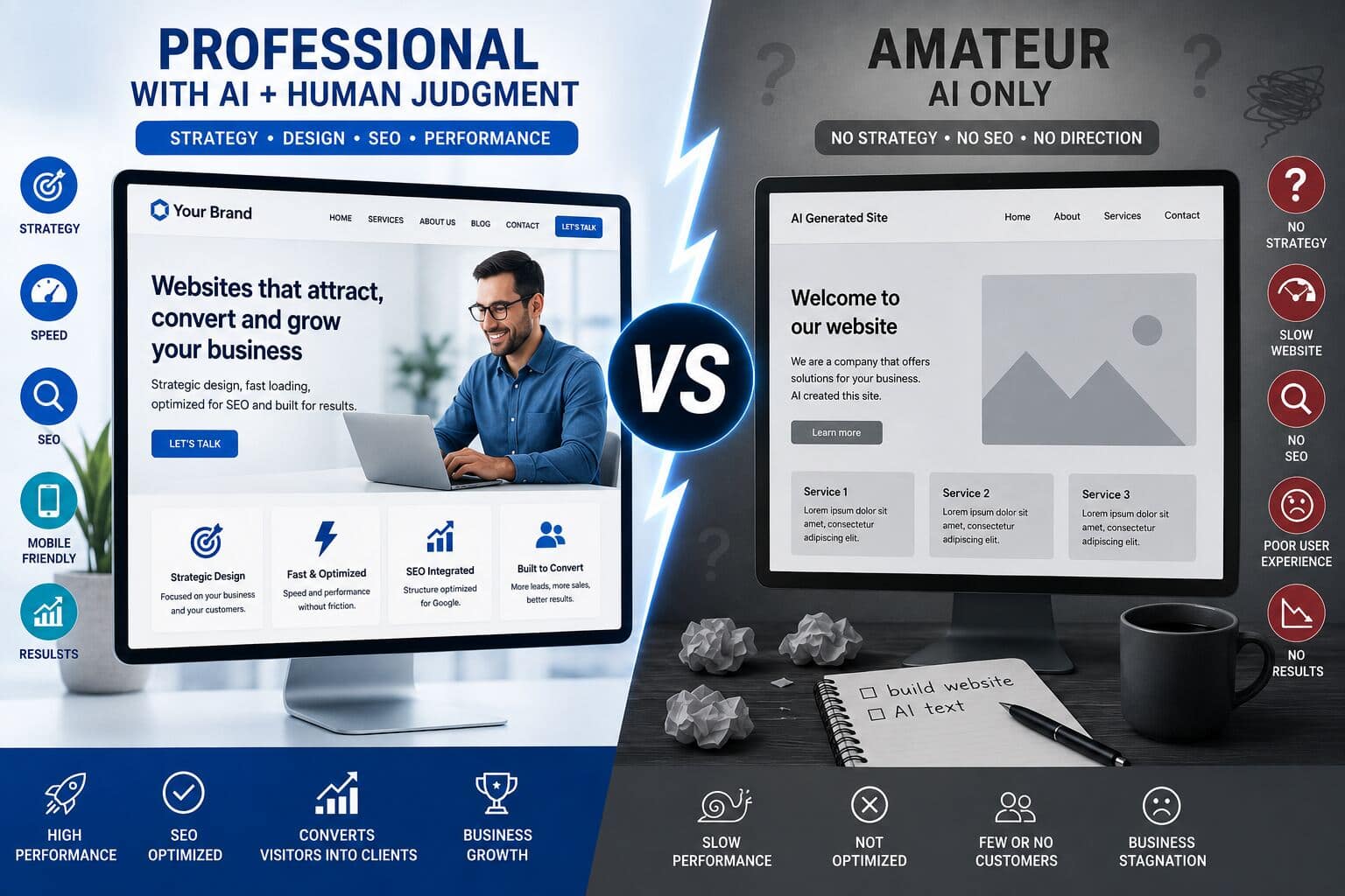 AI Websites: the tool helps, but professional judgment makes the difference 4 Comparison between a professional AI website created with human judgment and an amateur website made only with AI