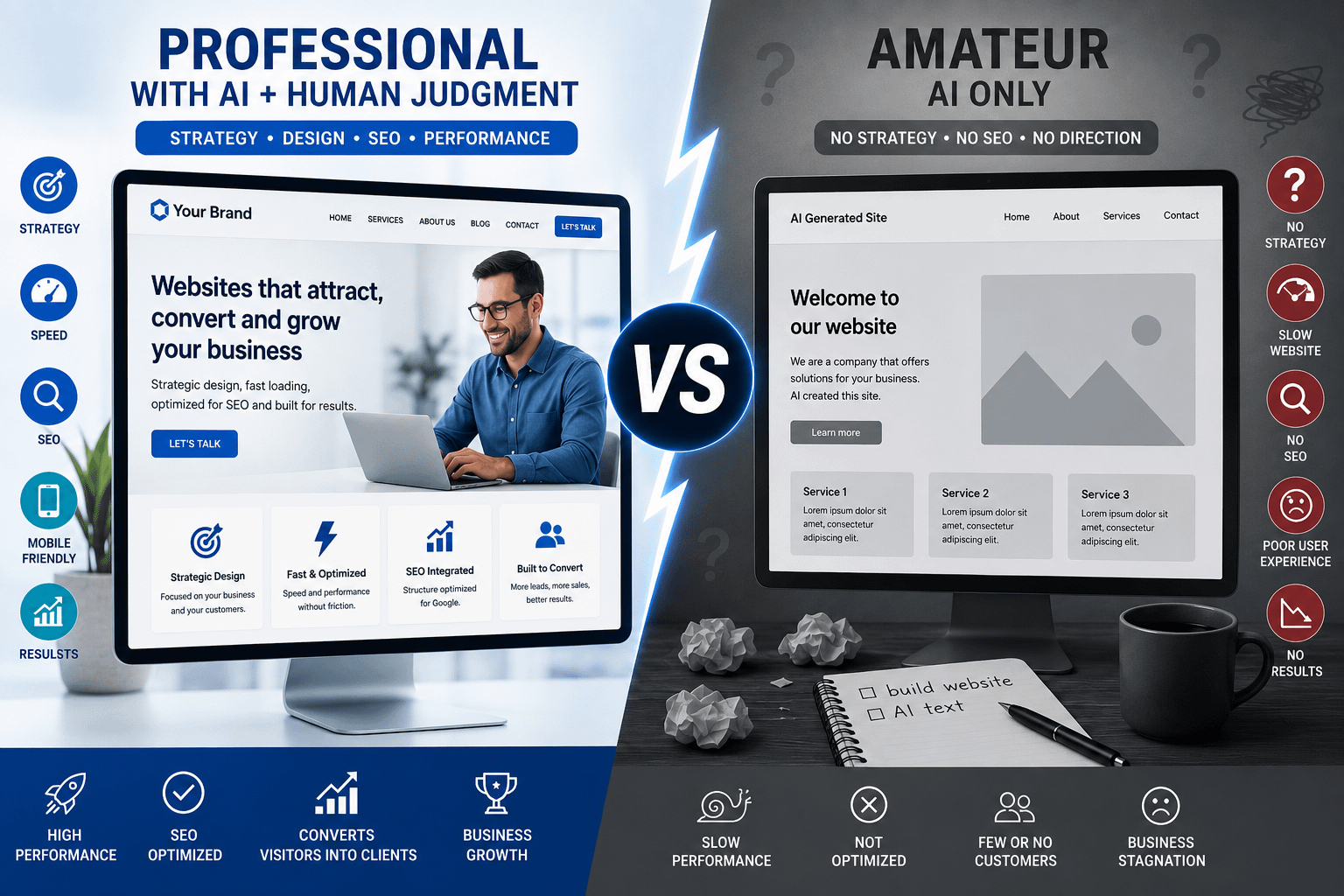 AI Websites: the tool helps, but professional judgment makes the difference 4 Comparison between a professional AI website created with human judgment and an amateur website made only with AI