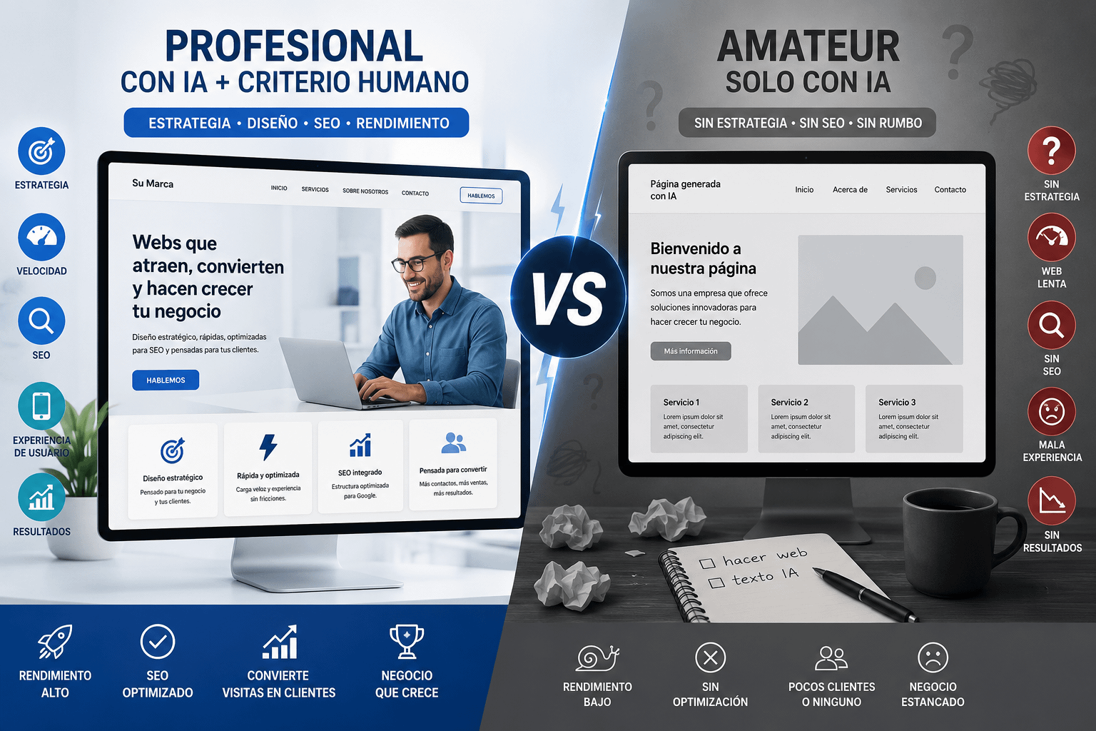 Páginas web con IA: la herramienta ayuda, pero el criterio profesional marca la diferencia 3 Comparativa entre una página web con IA creada con criterio profesional y una web amateur hecha solo con IA