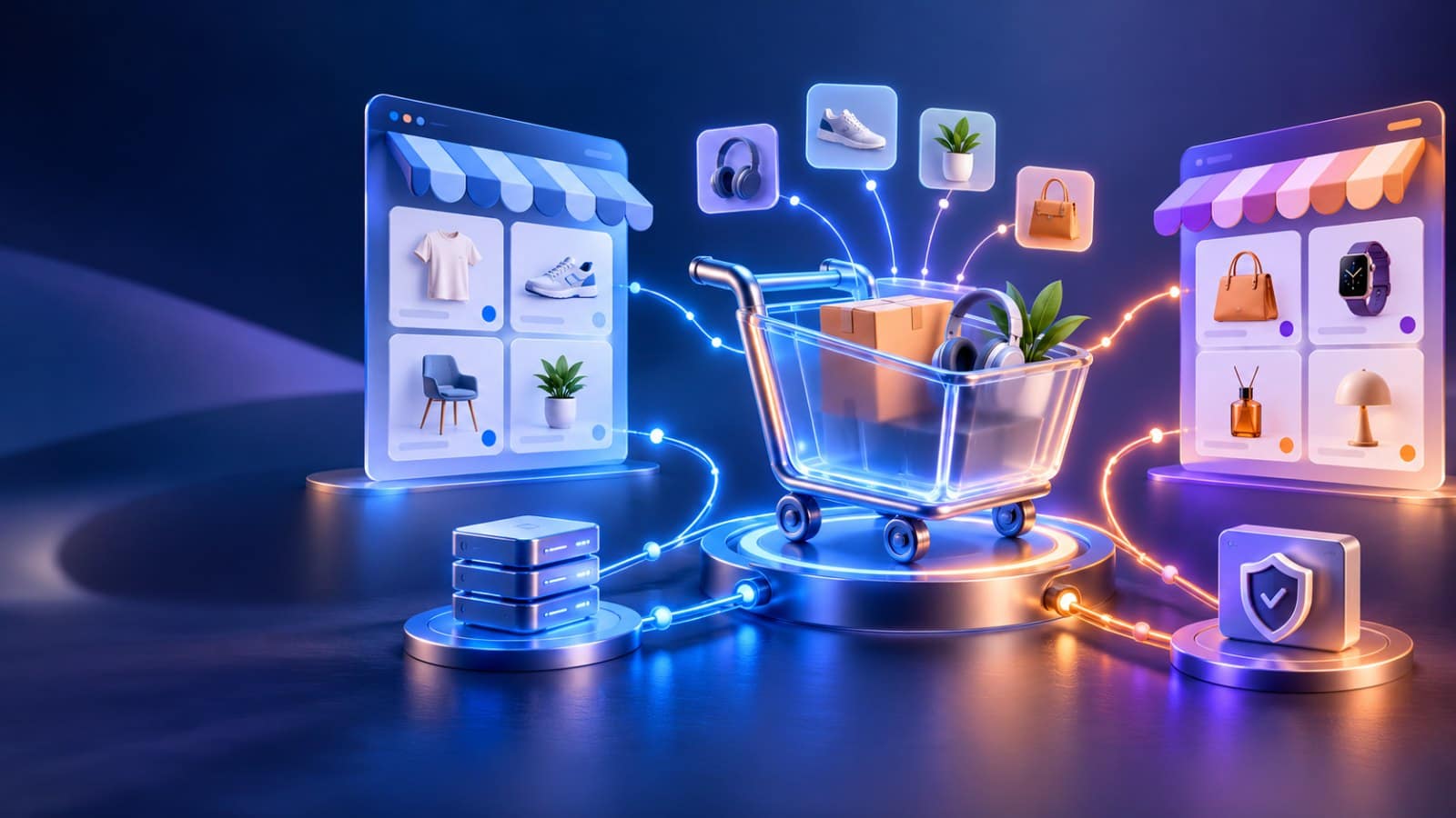 Google Universal Cart: cómo integrarlo en WooCommerce y PrestaShop 1 Ilustración tecnológica de un carrito universal conectado con varias tiendas online y sistemas de inteligencia artificial