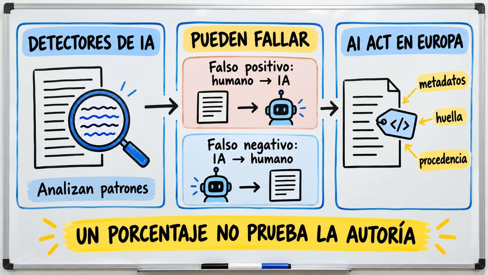 Detectores de IA: por qué no son una prueba definitiva 2 Infografía sobre detectores de IA, falsos positivos, falsos negativos y marcado de contenido en Europa