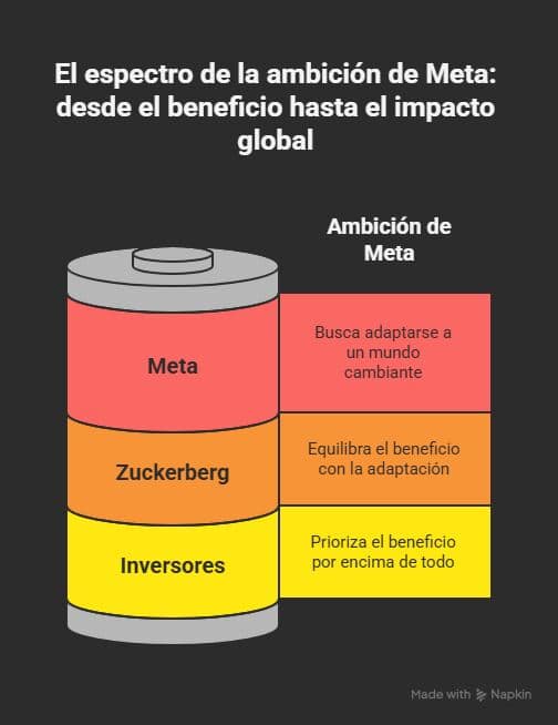 Cuando el poder quiere pensar por ti: la cruzada de Meta por la superinteligencia 3 Gráfico en forma de batería titulado "El espectro de la ambición de Meta: desde el beneficio hasta el impacto global". Divide en tres niveles: Inversores (priorizan el beneficio), Zuckerberg (equilibra beneficio y adaptación), y Meta (busca adaptarse a un mundo cambiante).
