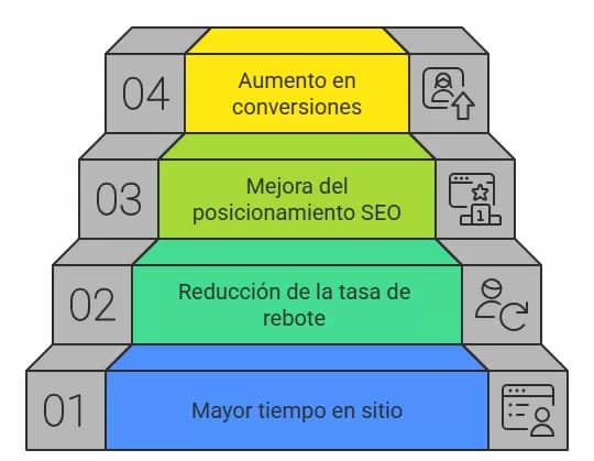 Primera impresión en el diseño web: lo que tus usuarios piensan en los primeros 5 segundos 2 Escalera visual con los beneficios de una buena primera impresión digital, mostrando pasos como confianza, retención de usuarios, mejora del SEO y aumento de conversiones.