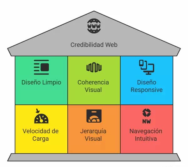 Credibilidad y diseño web: cómo ganarte la confianza del visitante desde el primer clic 2 Ilustración de un sitio web moderno que refleja diseño limpio y profesional, coherencia visual, adaptabilidad a móviles, jerarquía clara, navegación intuitiva y alta velocidad de carga, como ejemplo de credibilidad en diseño web.