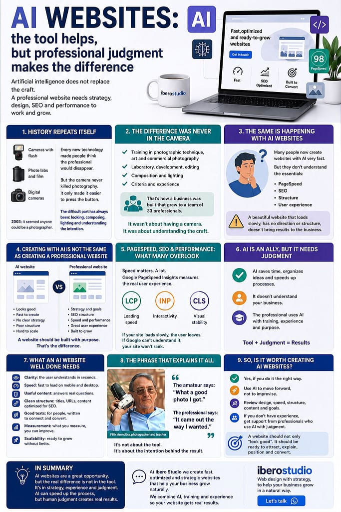 AI Websites: the tool helps, but professional judgment makes the difference 2 Infographic about AI websites, SEO, PageSpeed and professional judgment in web design