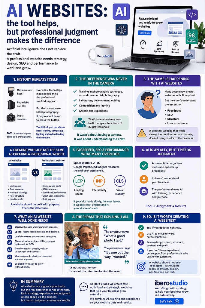 AI Websites: the tool helps, but professional judgment makes the difference 2 Infographic about AI websites, SEO, PageSpeed and professional judgment in web design