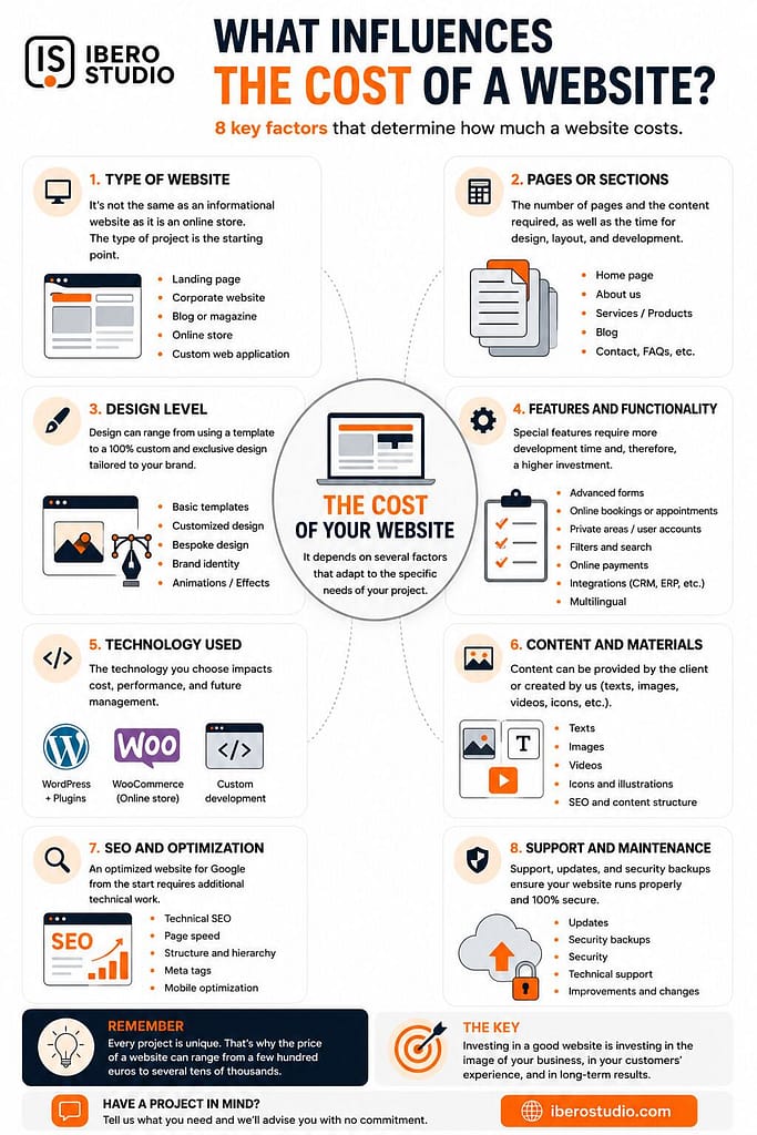 How Much Does a Website Cost in Murcia in 2026? 2 Infographic explaining the 8 key factors that influence website cost in Murcia, including website type, pages, design, features, technology, content, SEO and maintenance.